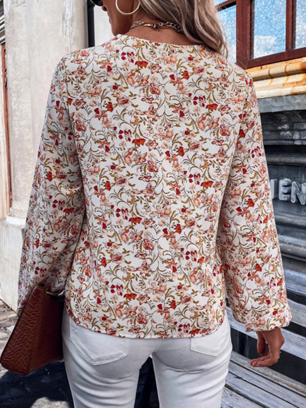 Long Sleeves Loose Elasticity Flower Print Split-Joint V-Neck Blouses&Shirts Tops