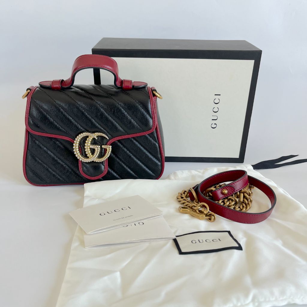 Gucci Black/Red Diagonal Quilt Leather Mini GG Marmont Bag