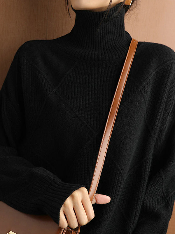 Loose Jacquard Solid Color High-Neck Sweater Tops