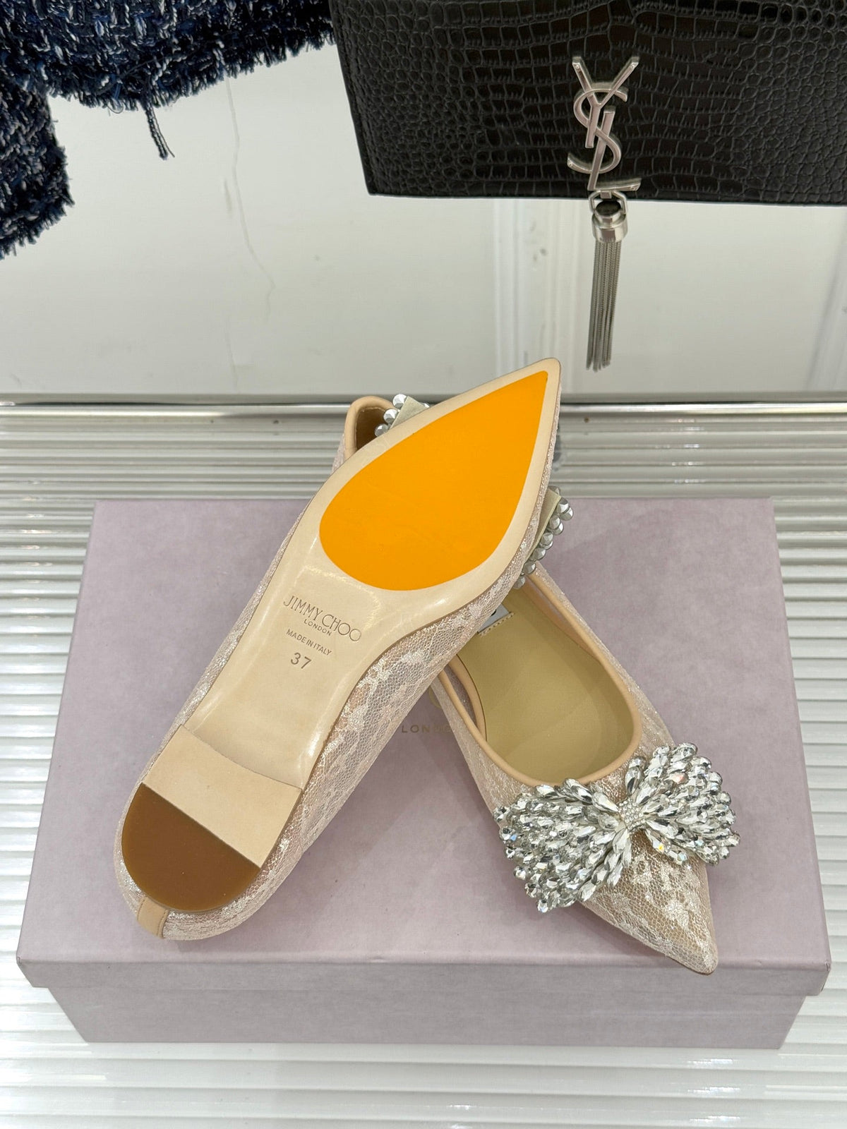 JC25WF Rhinestone Bow Pionted Toe Ballet Flat Nude Sheepskin 573535