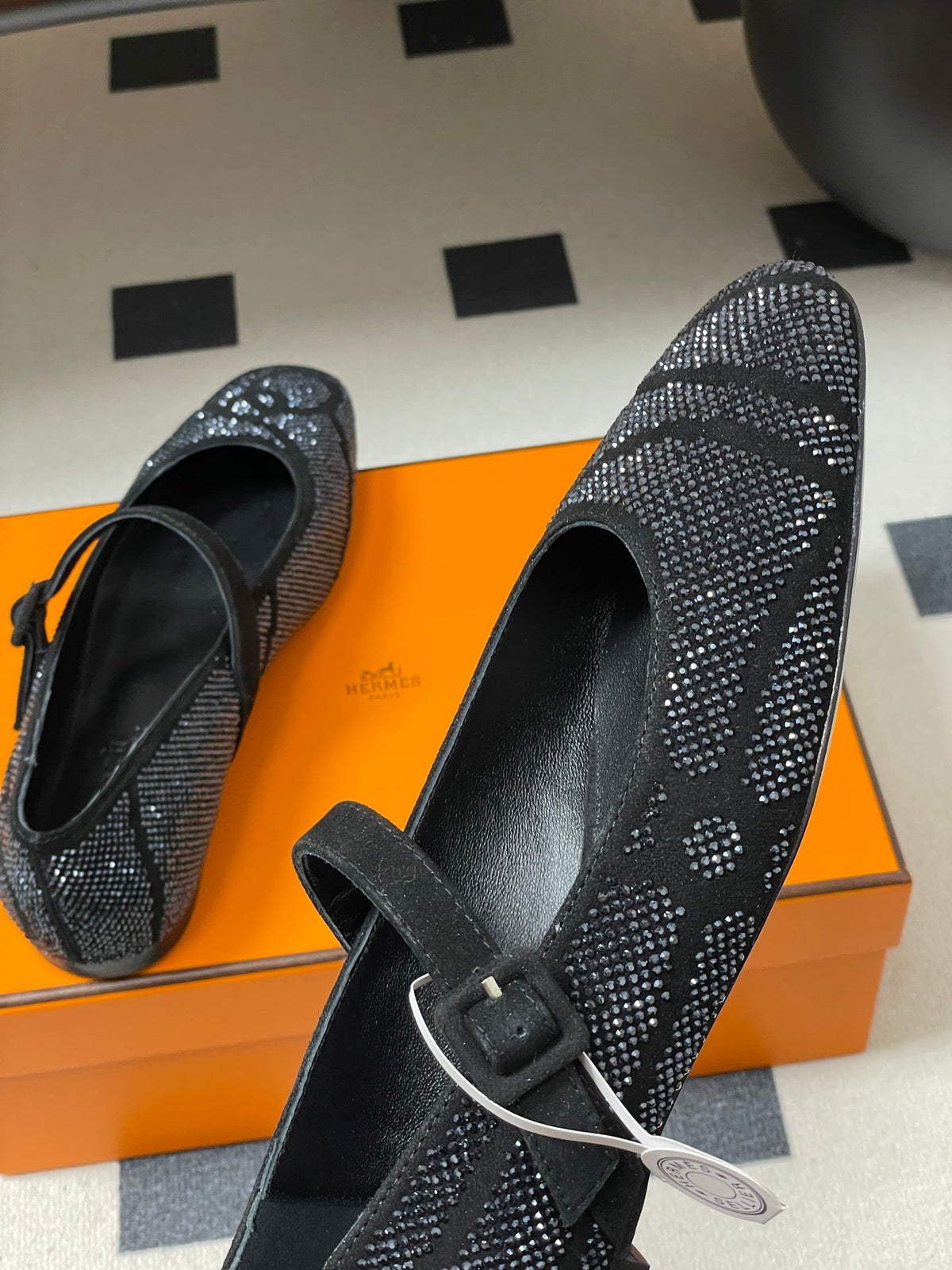 Hermes 26 Light Ballet Flat Metallic Black in Suede 594341