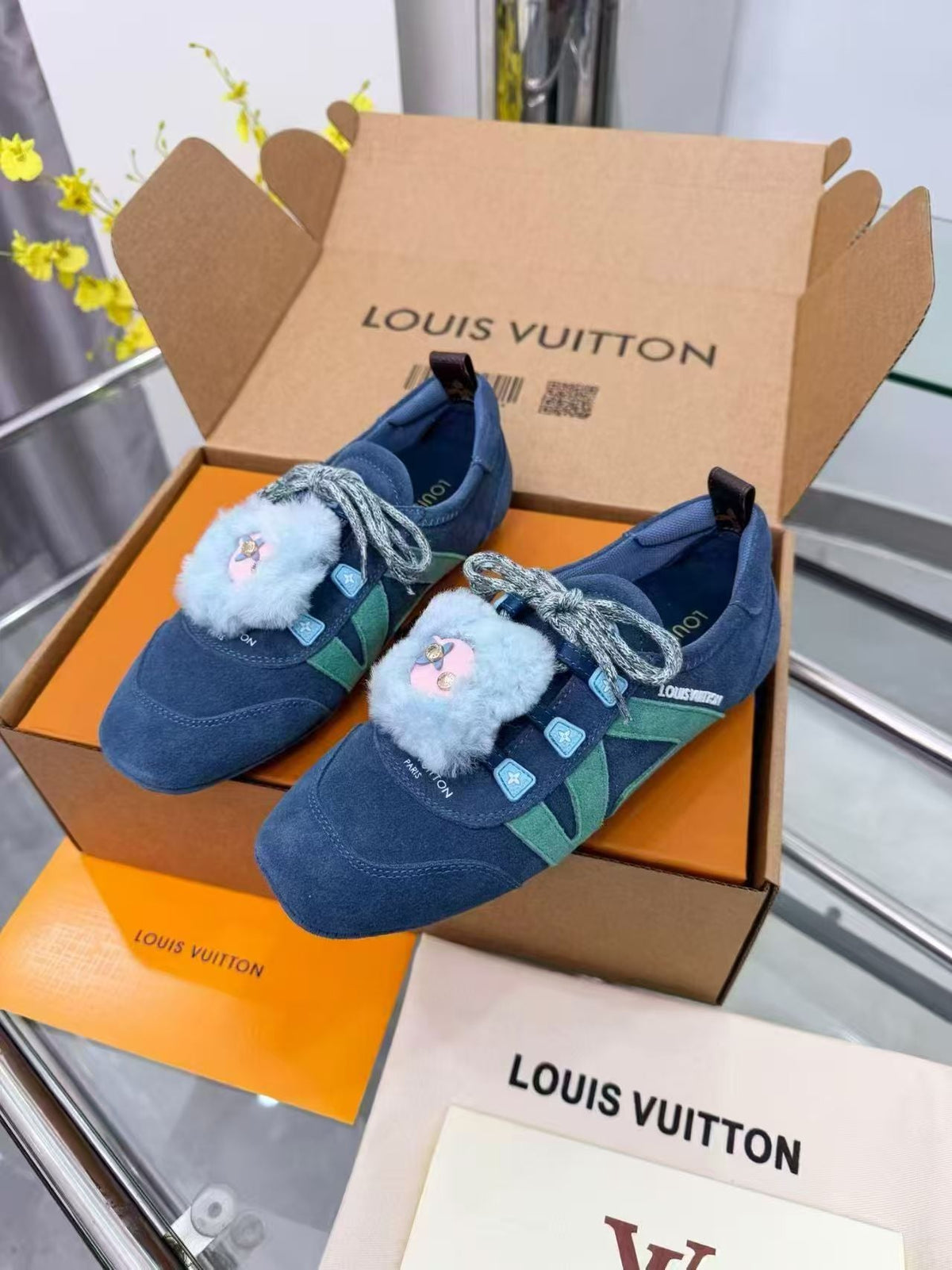 LV Sneakerina Dark Blue Mint Green Suede Fur 579933