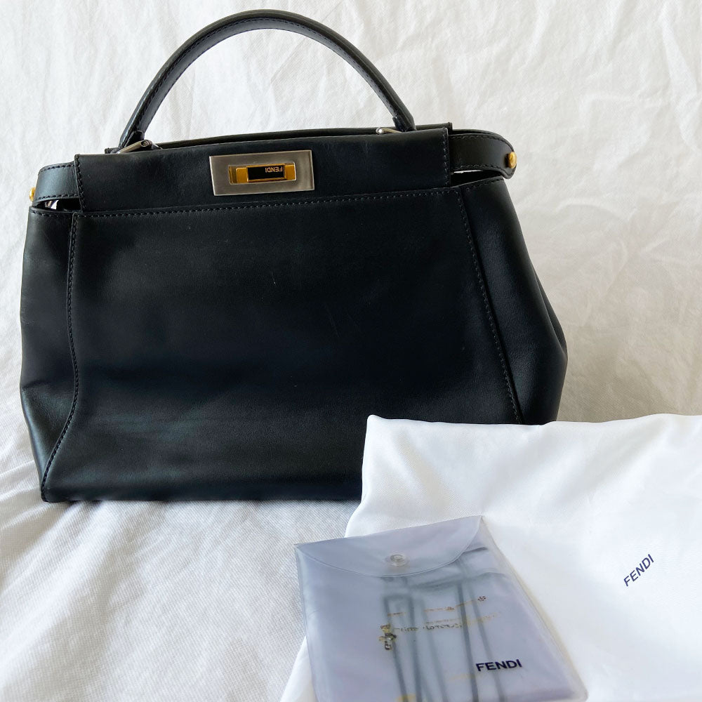 Fendi Black Leather Medium Peekaboo Top Handle Bag