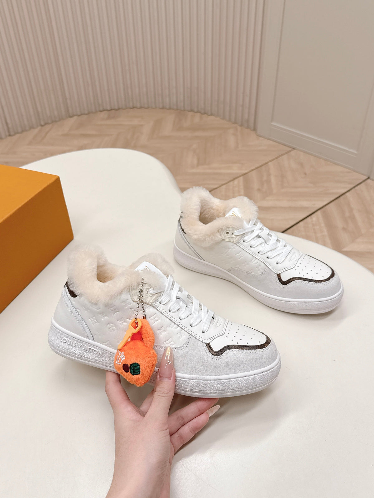 LV Stadium Sneaker White Brown Monogram Canvas Cowhide Wool 595426