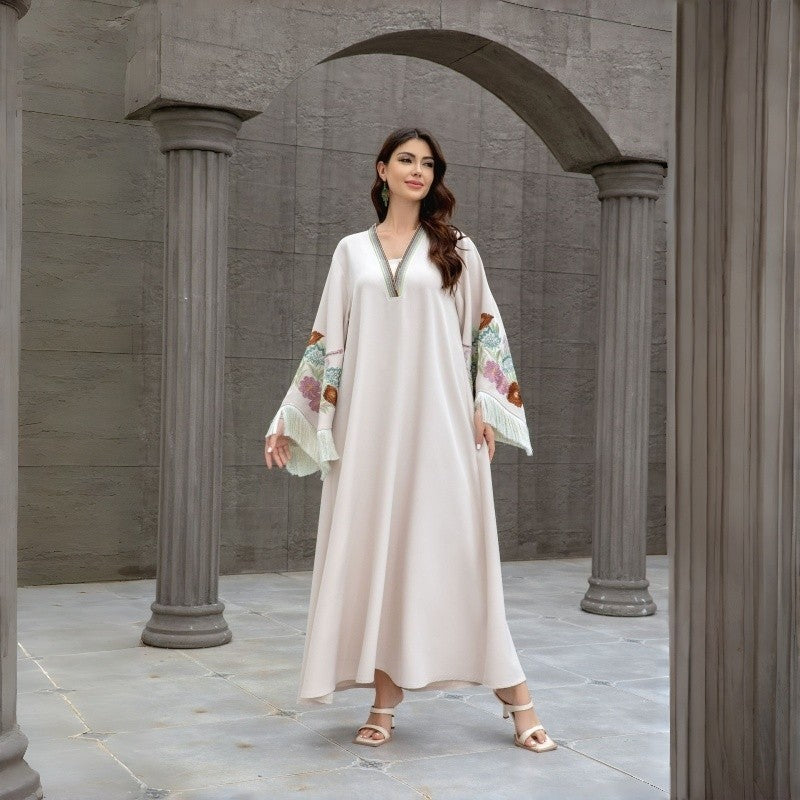 V Neck Embroidered Fringe Muslim Robe