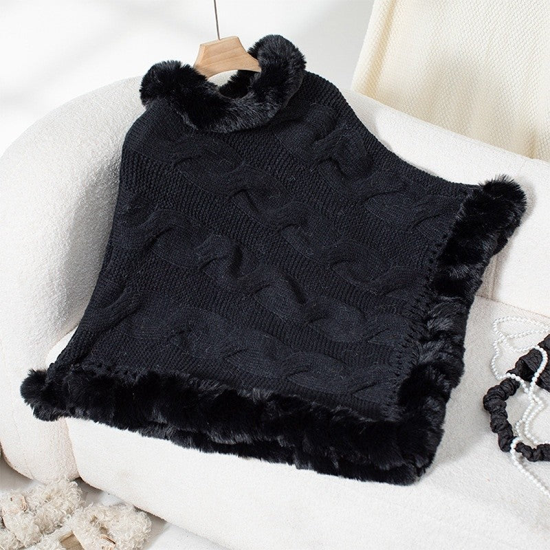 Fur Collar Cable Knit Sweater Cape
