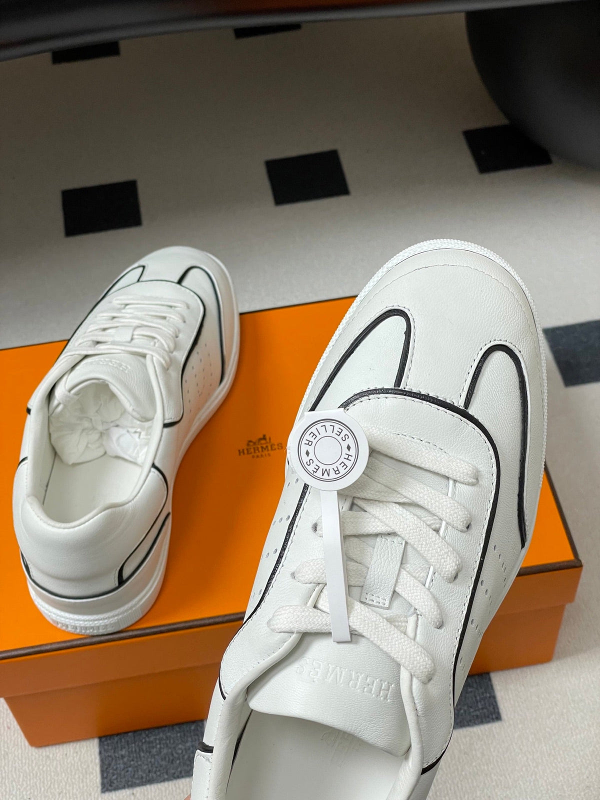 Hermes 26 Match Sneakers White Black in Calfskin 594338