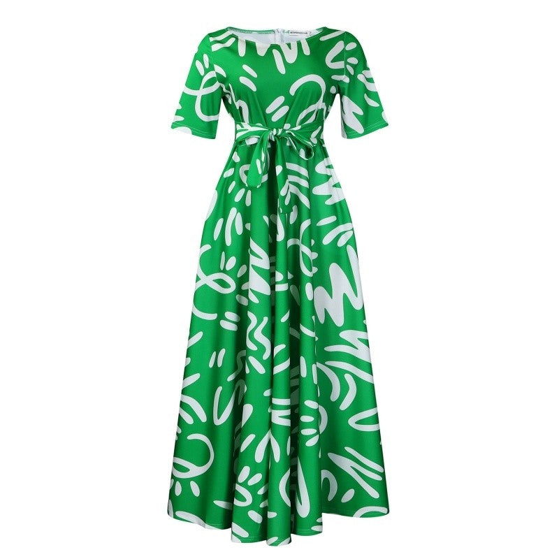 Printed Short Sleeve Flared Dress