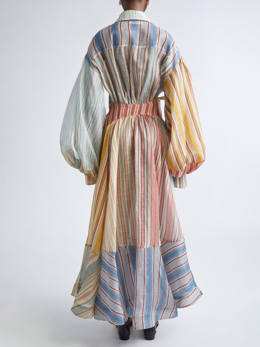Serenity Asymmetric Stripe Long Sleeve Linen & Silk Shirtdress