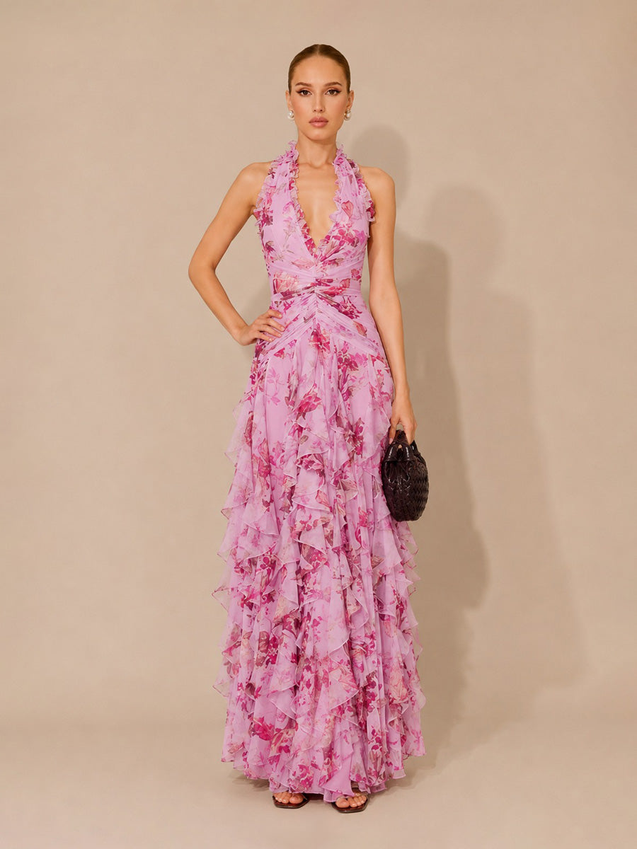 Mariana Printed Ruffled Asymmetrical Halter Backless Maxi Dress