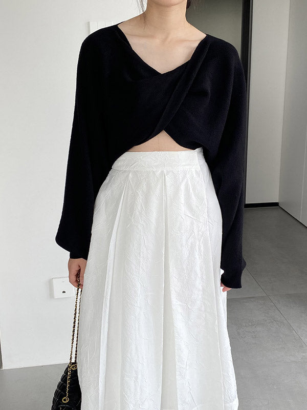 Batwing Sleeves Long Sleeves Knot Solid Color V-Neck Pullovers Sweater Tops