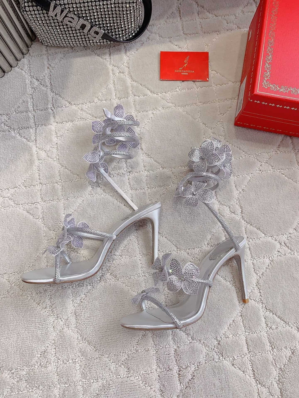 RC 2025 Margot High Heeled Sandal With Floral Embellishment Silver Leather 898021
