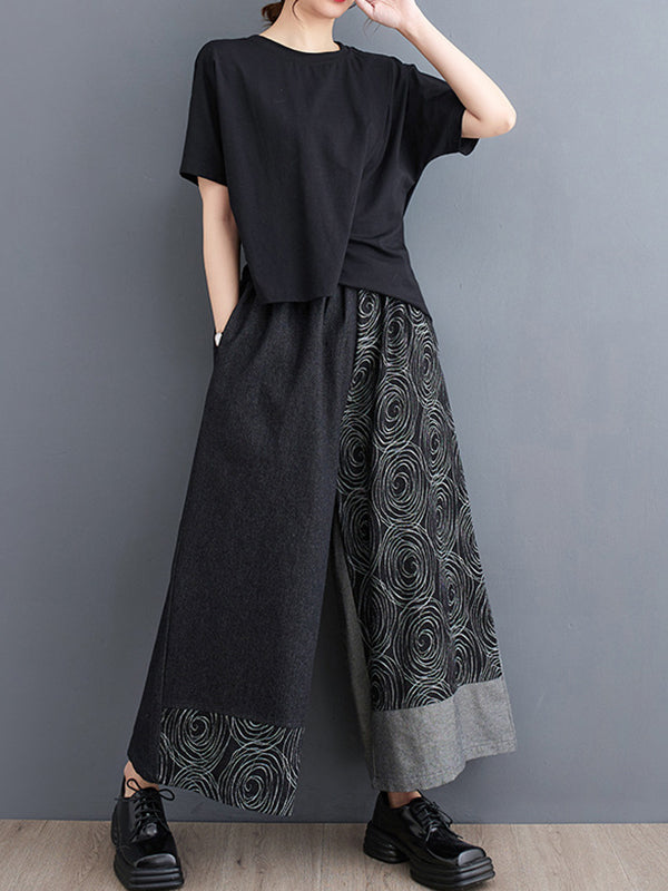 High Waisted Loose Asymmetric Elasticity Printed Split-Joint Jean Pants Bottoms