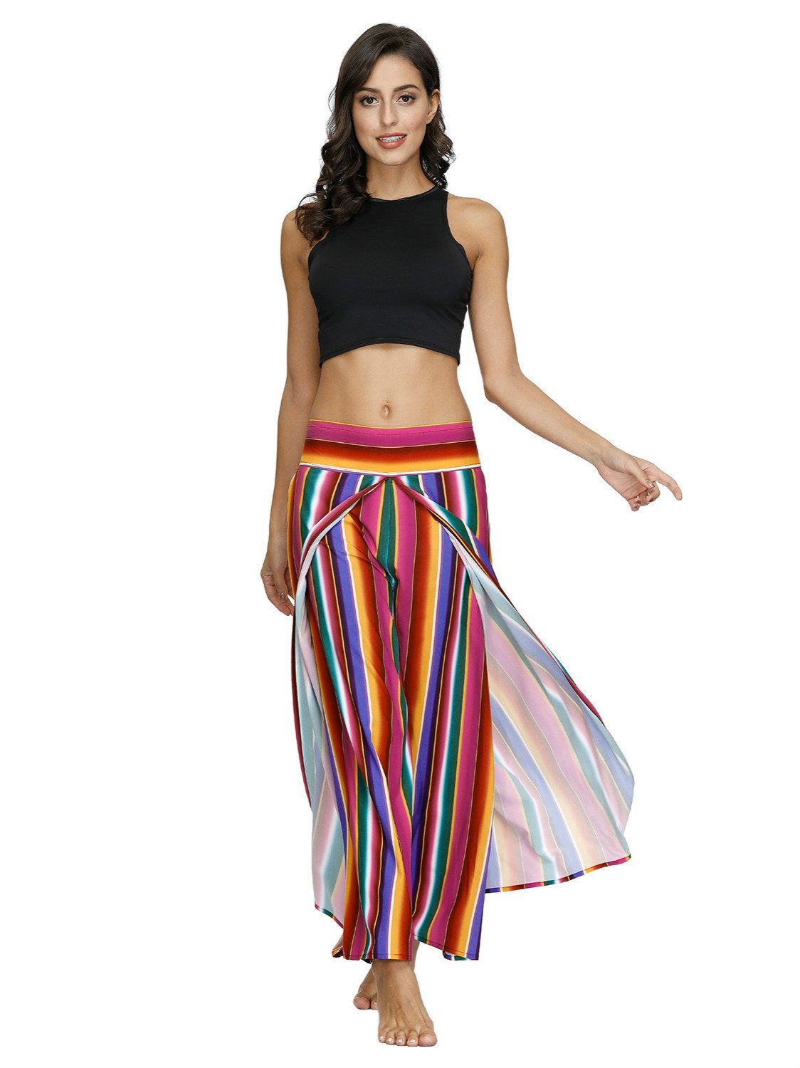 Floral Digital Print Women'S Split Casual Pants Fashion Loose Wide Leg Pants Two Layers Yoga Boho Style Pants