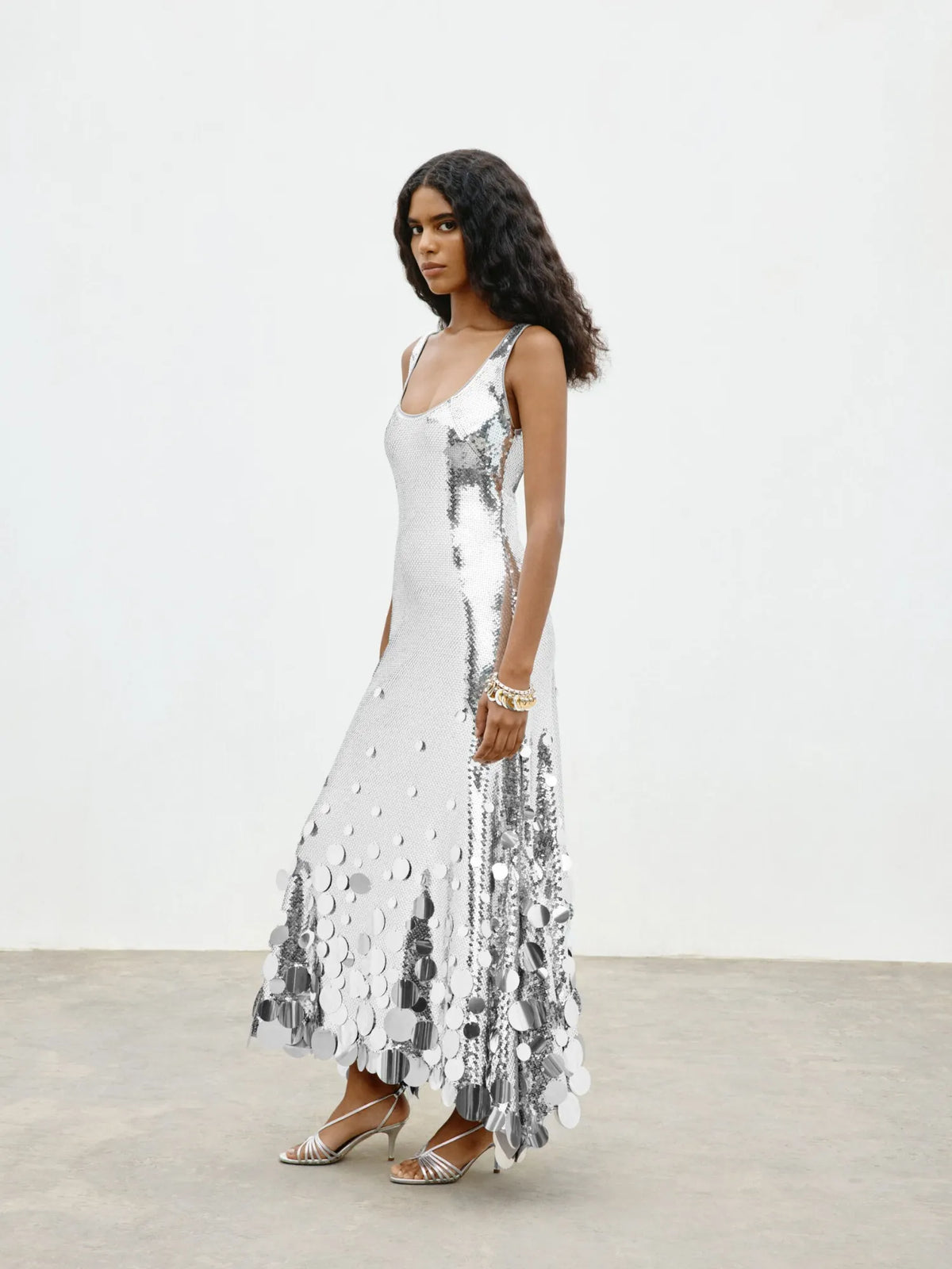Celestia Mirror Sequin Maxi Dress in Silver