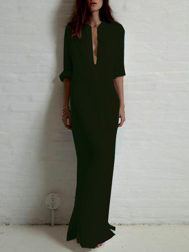 Solid Color Split-Side Stand Collar Maxi Dress