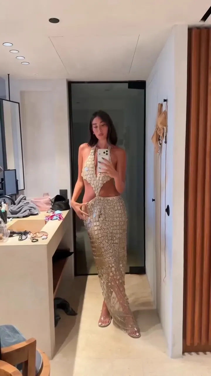 Zorina Halter Cutout Sequin Maxi Dress In Gold