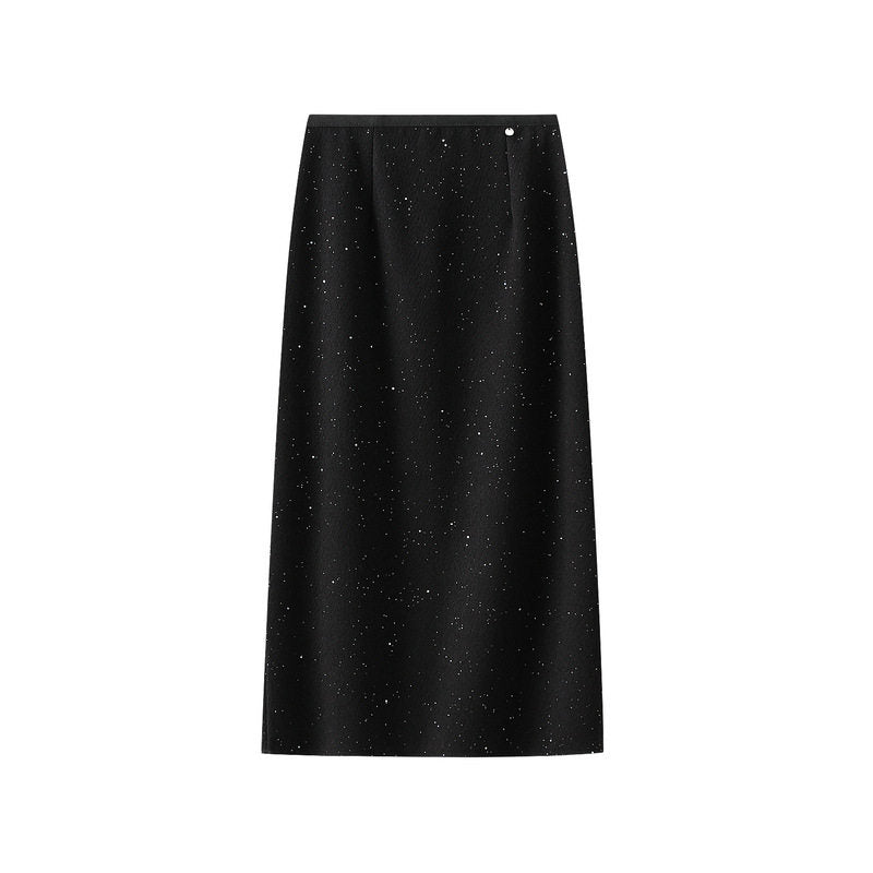 High Waist Slit Long Skirt In Bright Silk Wool