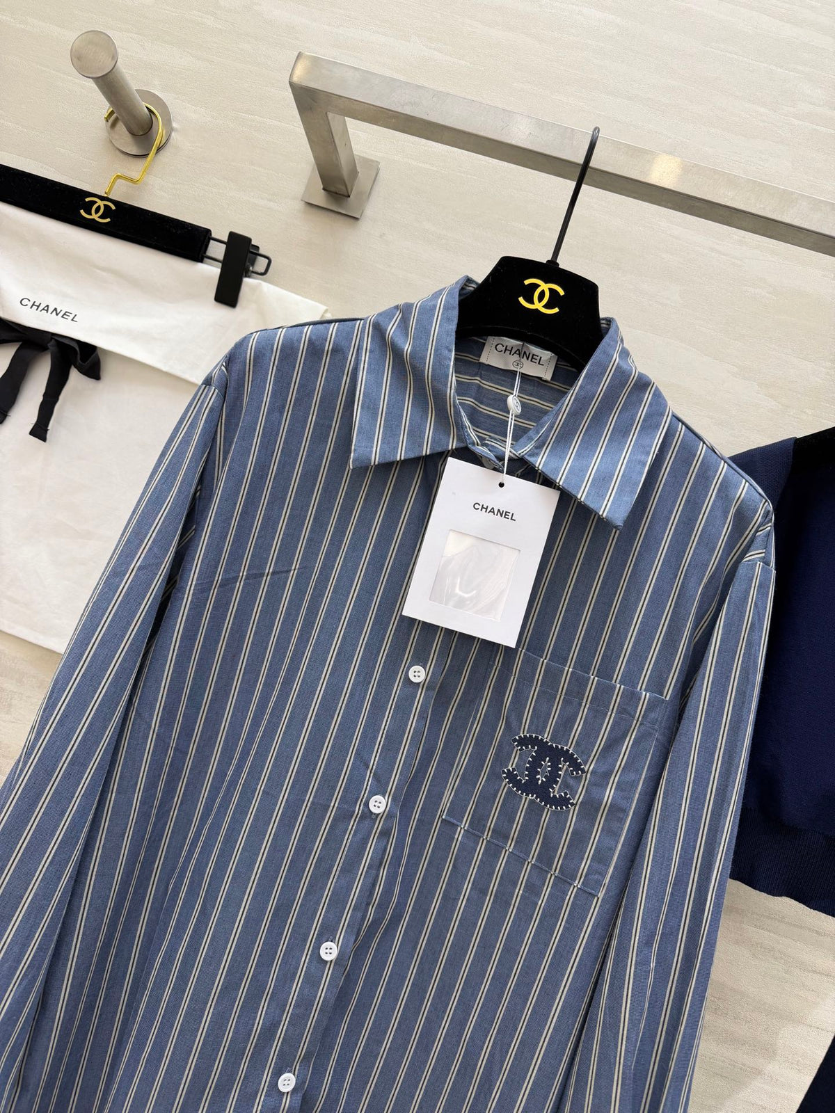 CC Striped Shirt & Knitted Shawl Blue White Cotton 344723