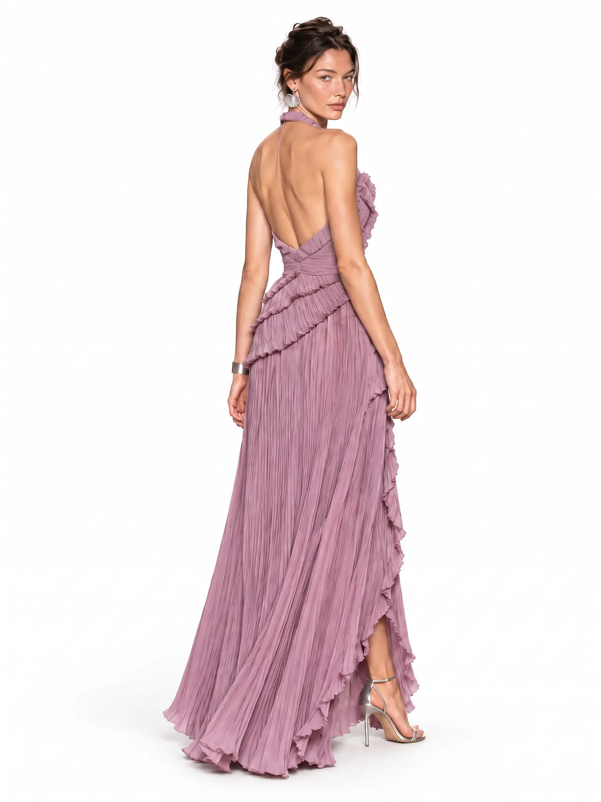 Adeline Pleated Ruffle Maxi Dress In Purple