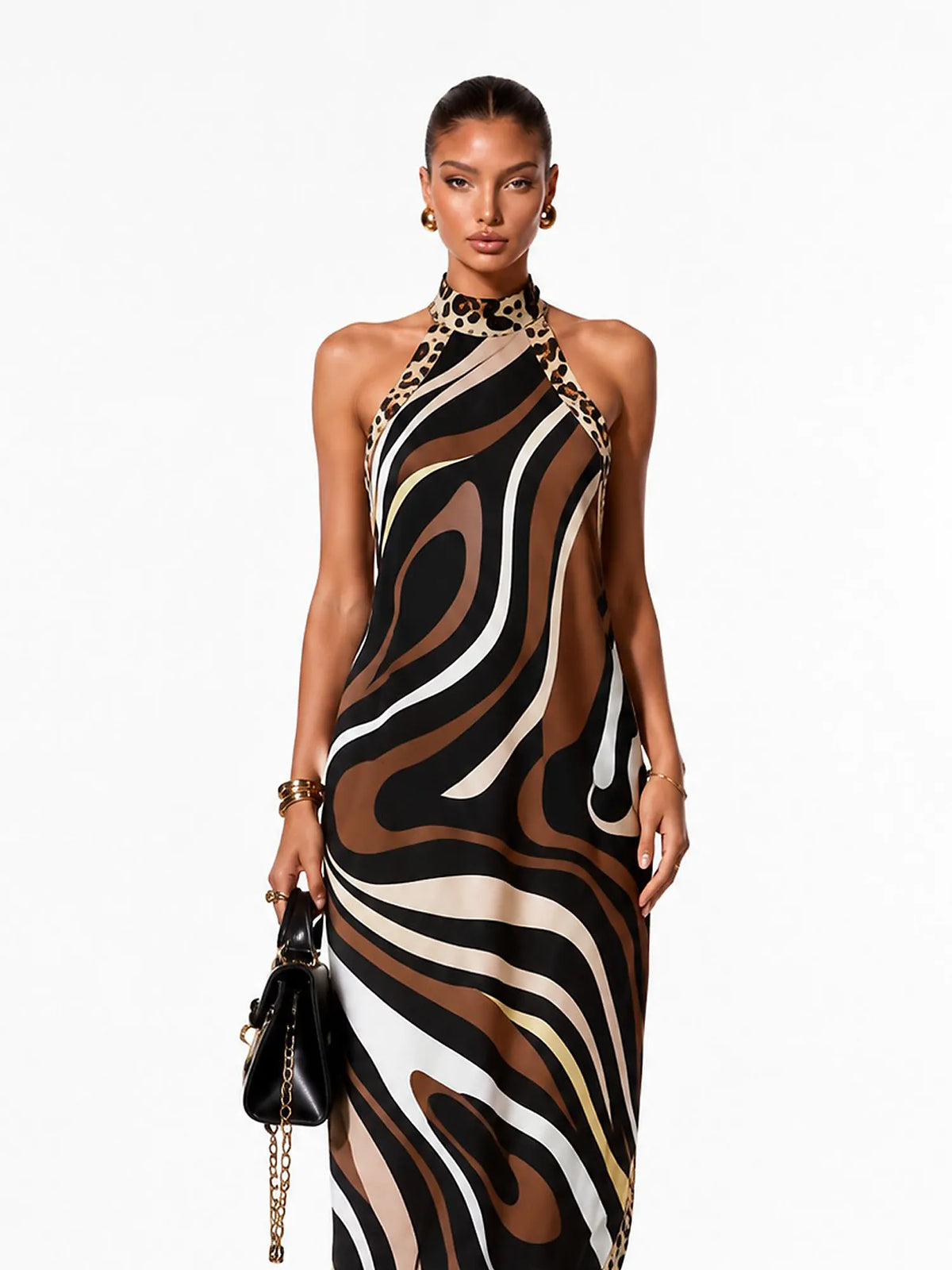 Hazel Printed Halter-Neck Backless Maxi Dress