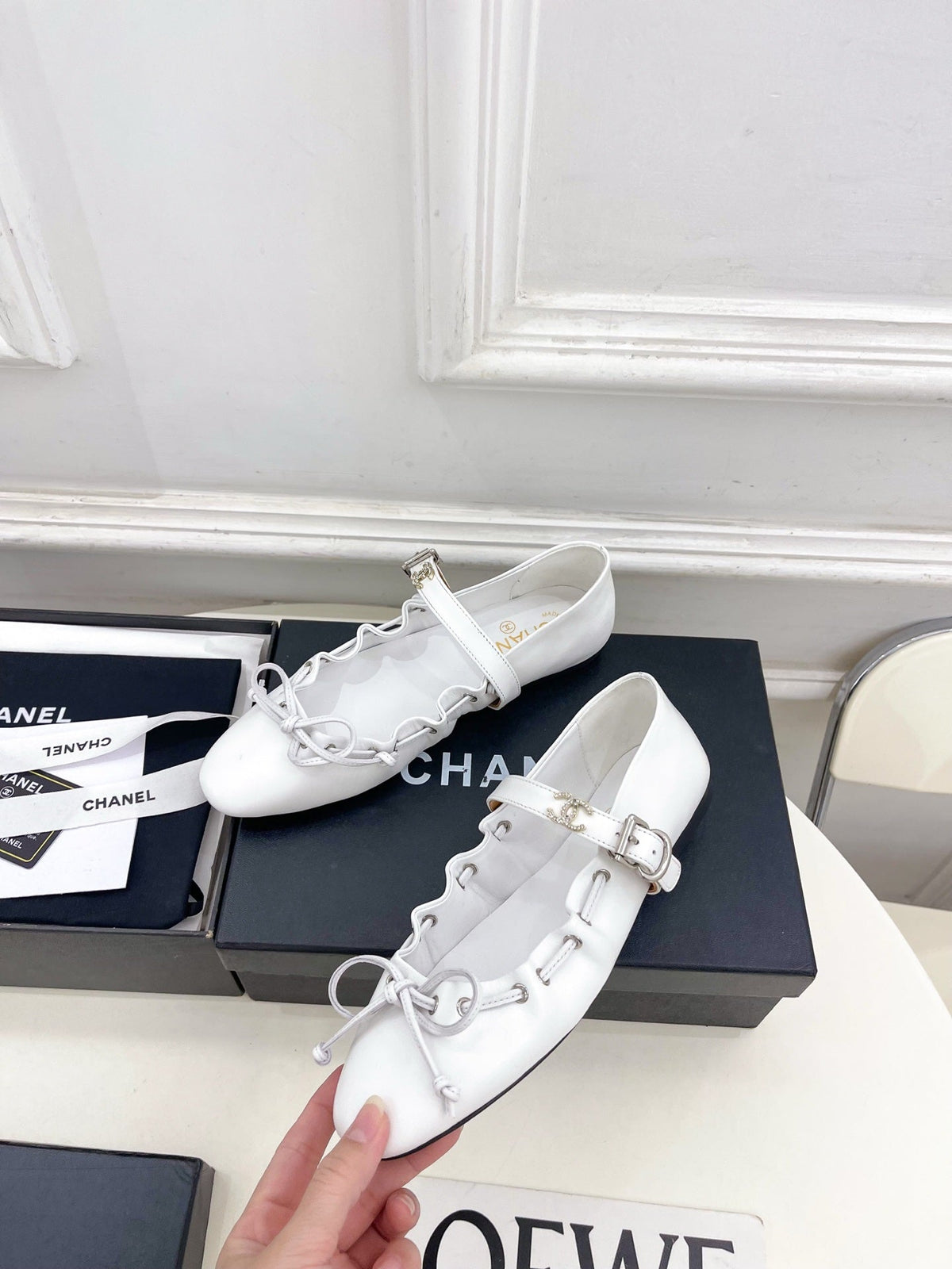 CC 26 SS Ruffled Bow Mary Jane Flats White Calfskin 586929