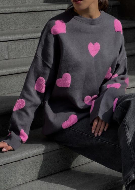 Cozy Knit Sweater With Embroidered Hearts
