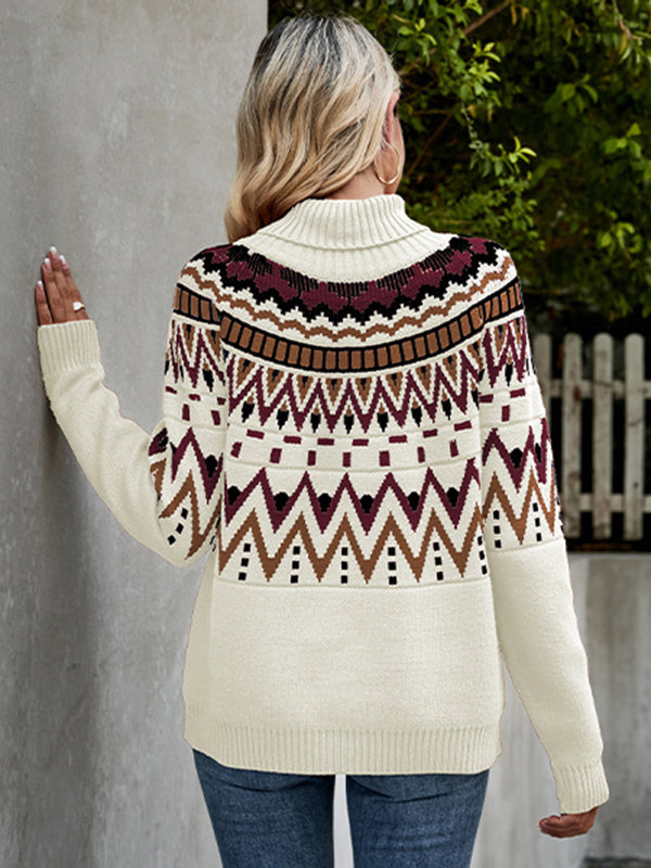 Long Sleeves Loose Contrast Color Split-Joint High Neck Sweater Tops