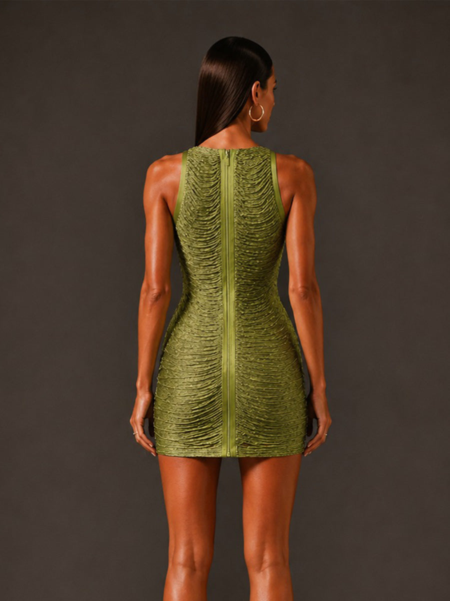 Beatrice Sleeveless Bandage Mini Dress with Fringe In Green