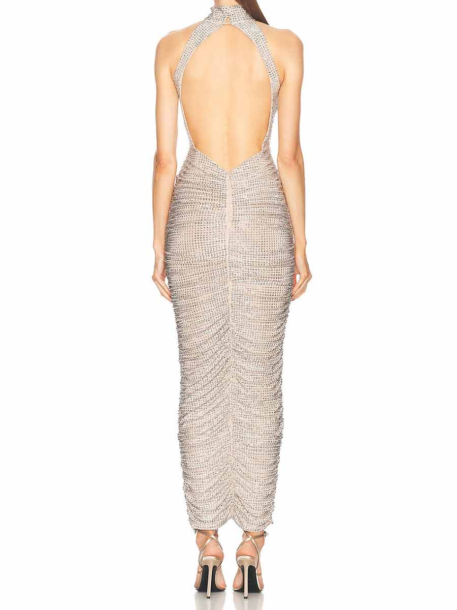 Olive Crystal Ruched Midi Dress