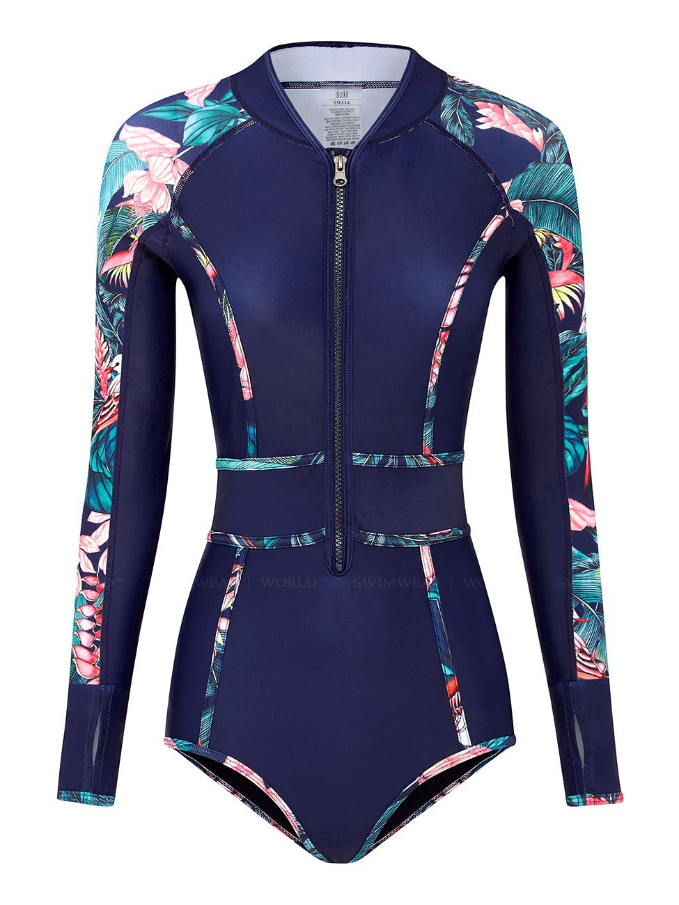 Long Sleeve Front Zipper Floral One-Piece Bikini Surfing Swimsuit Conservative Belly Slimming Women'S Swimsuit