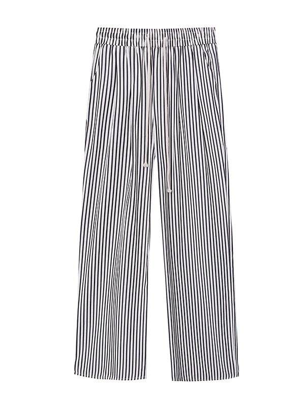 High Waisted Wide Leg Contrast Color Elasticity Split-Joint Striped Pants Trousers