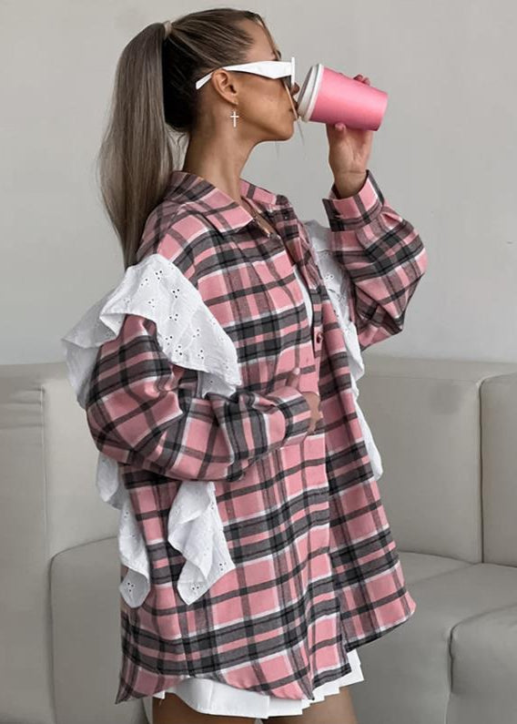 Plaid Poplin Shirt Cotton Polyester Pink Ruffle Detail