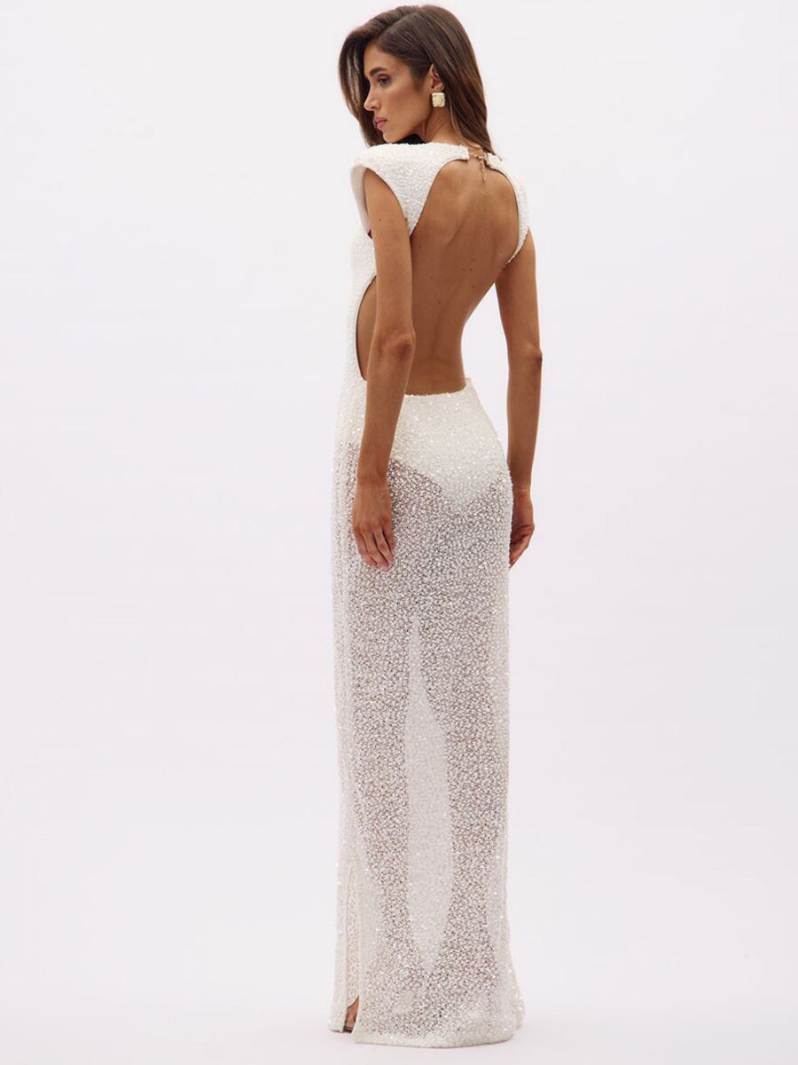 Aria White Sequined Maxi Dress