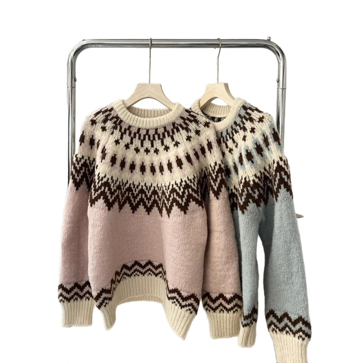 Fair Isle Sweater Women Pink Round Neck Knit Top Winter