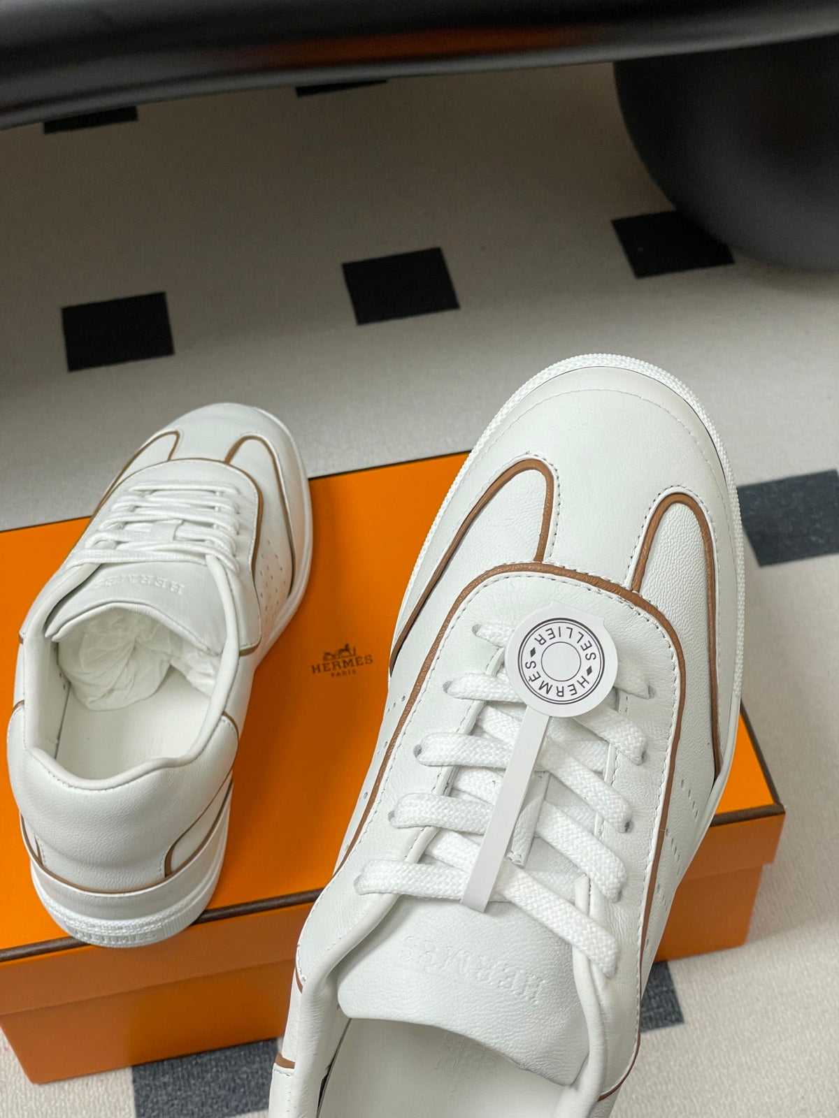 Hermes 26 Match Sneakers White Brown in Calfskin 594339
