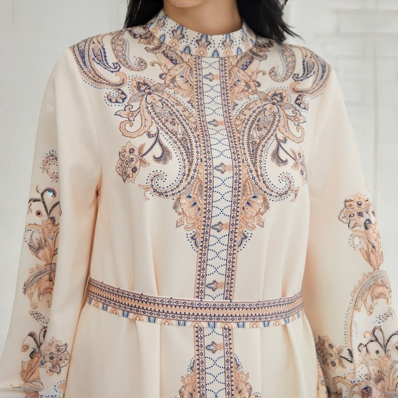 Royal Collar Print Long Retro Muslim Dress