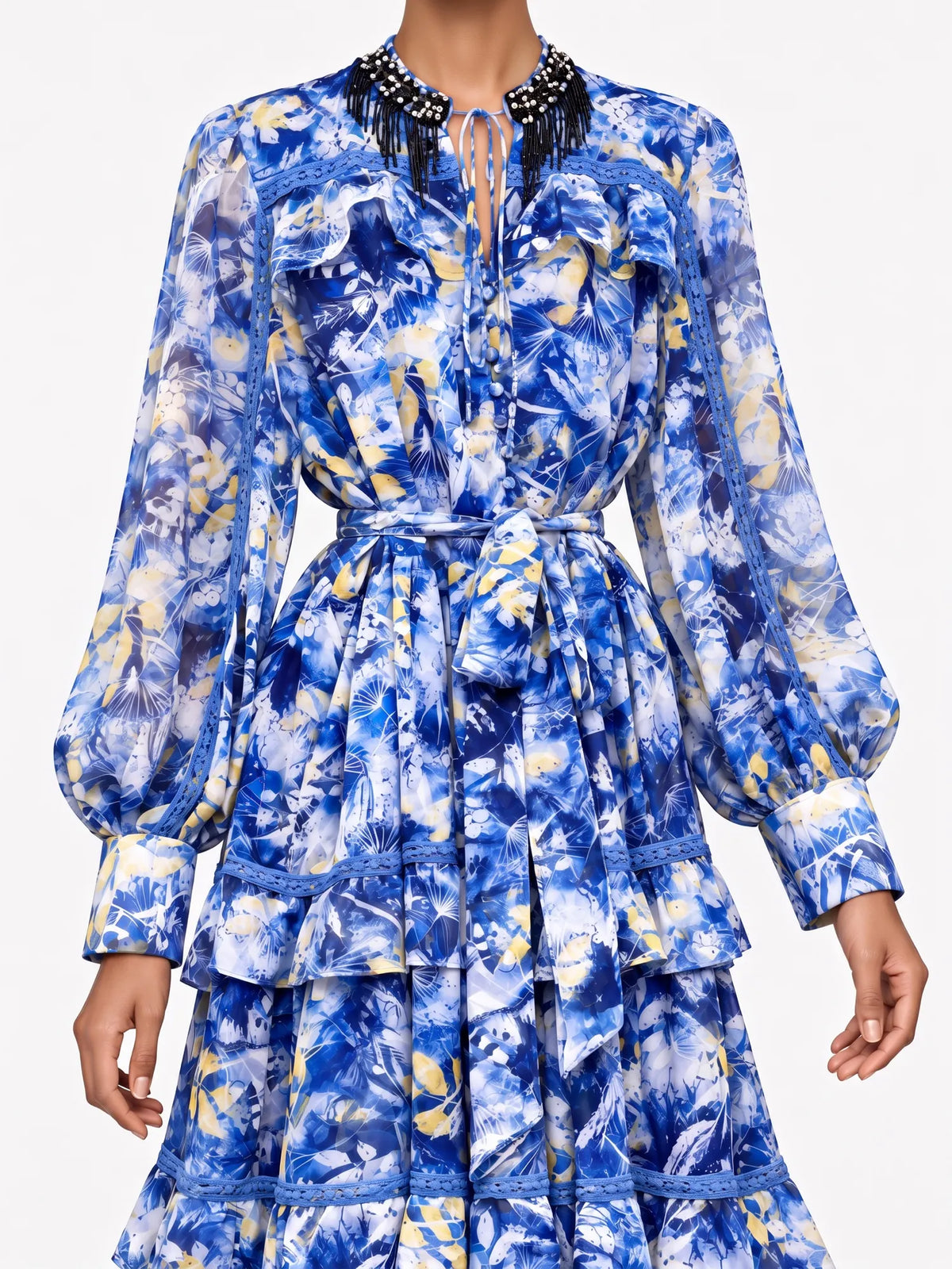 Josephine Elegant Printed Maxi Dress with Ruffle Sleeves