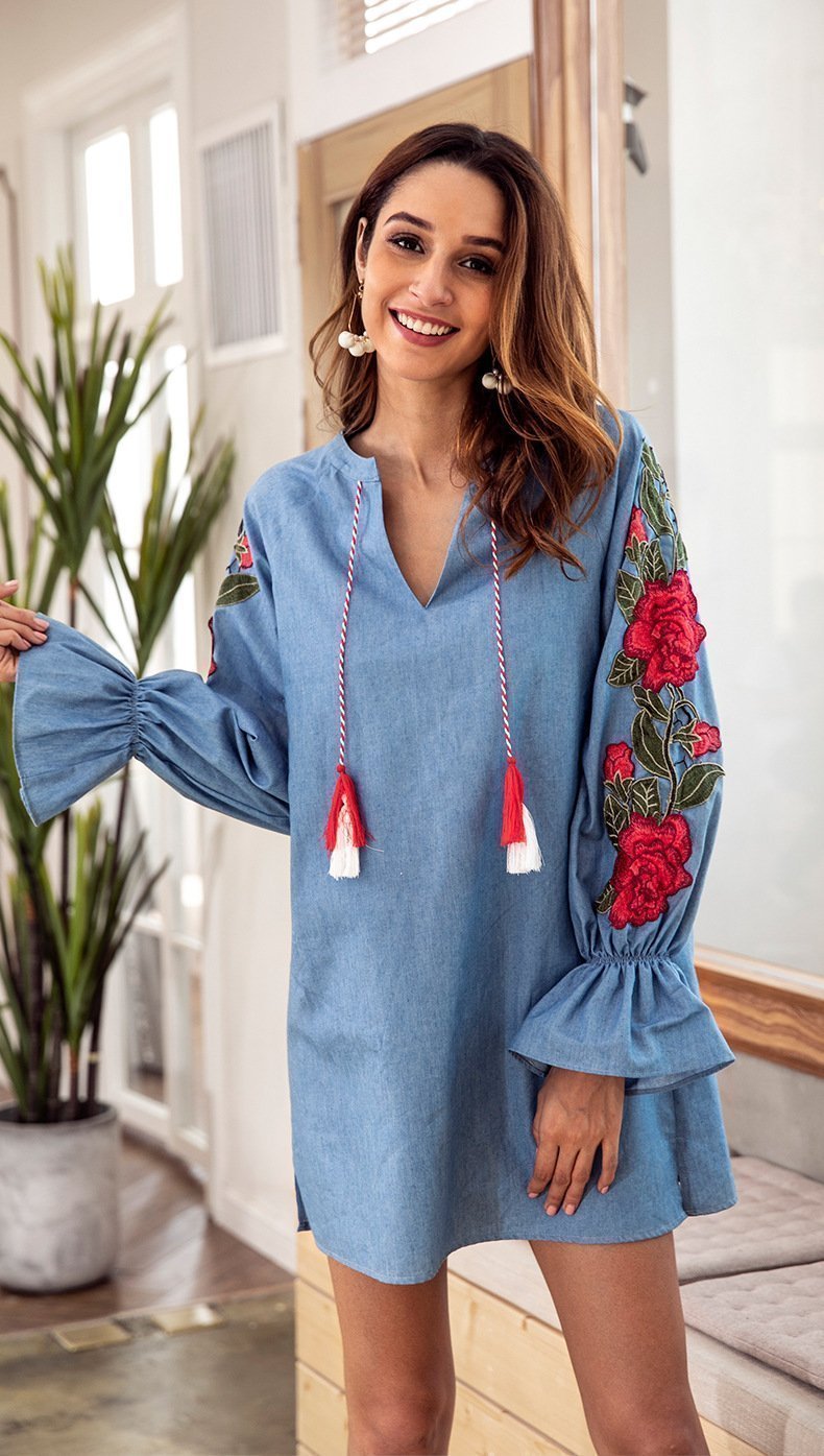 Embroidered V Neck Loose Mini Dress