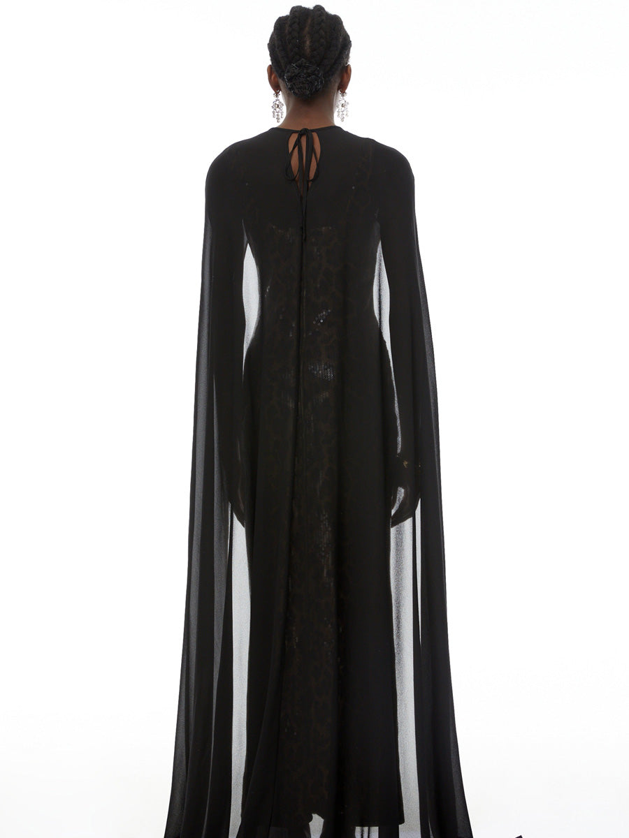 Harper Black Cape & Leopard Print Maxi Dress Set