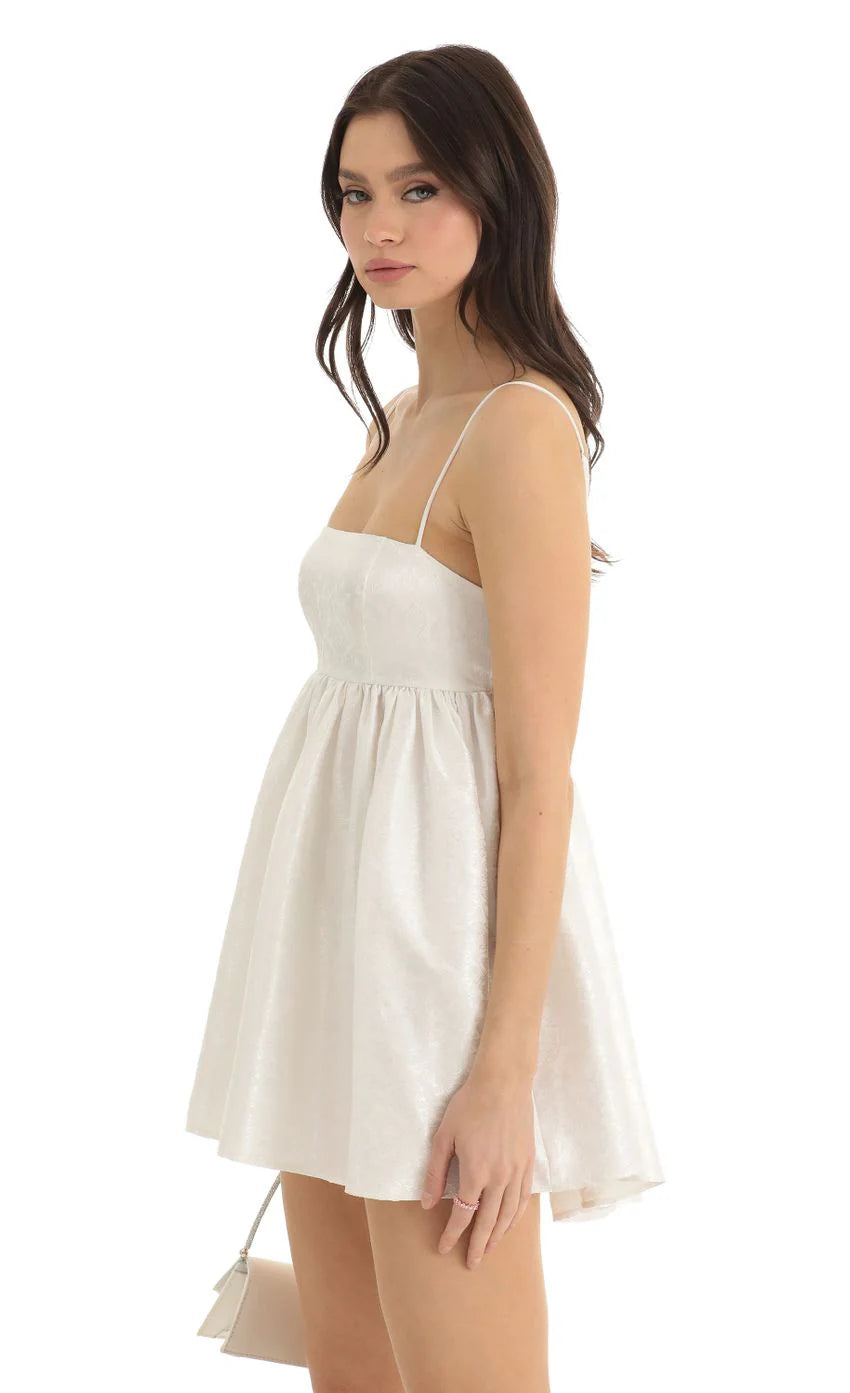 Floral Jacquard Baby Doll Dress in White