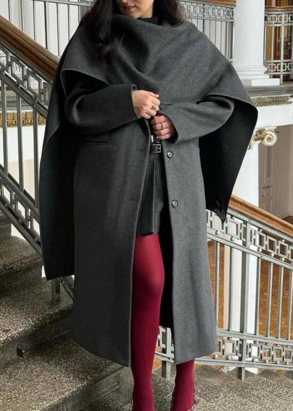 Long Overcoat Wool Like Fabric Asymmetric Draped