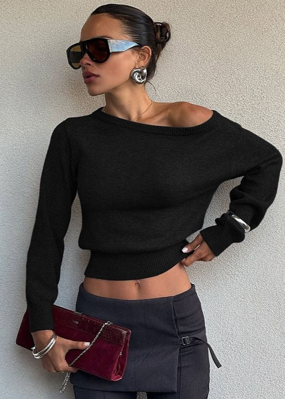 Off Shoulder Cropped Knit Sweater Soft Fabric