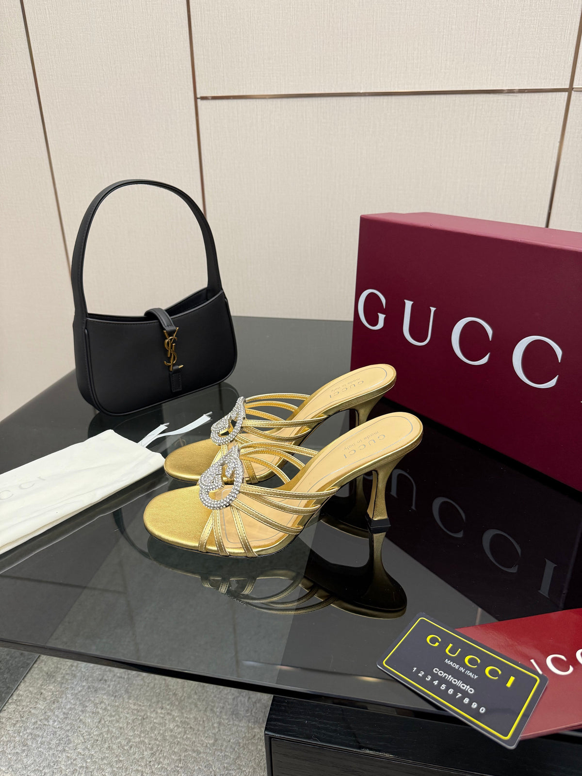 Women's Slide 85mm With Crystal Interlocking G Gold Leather