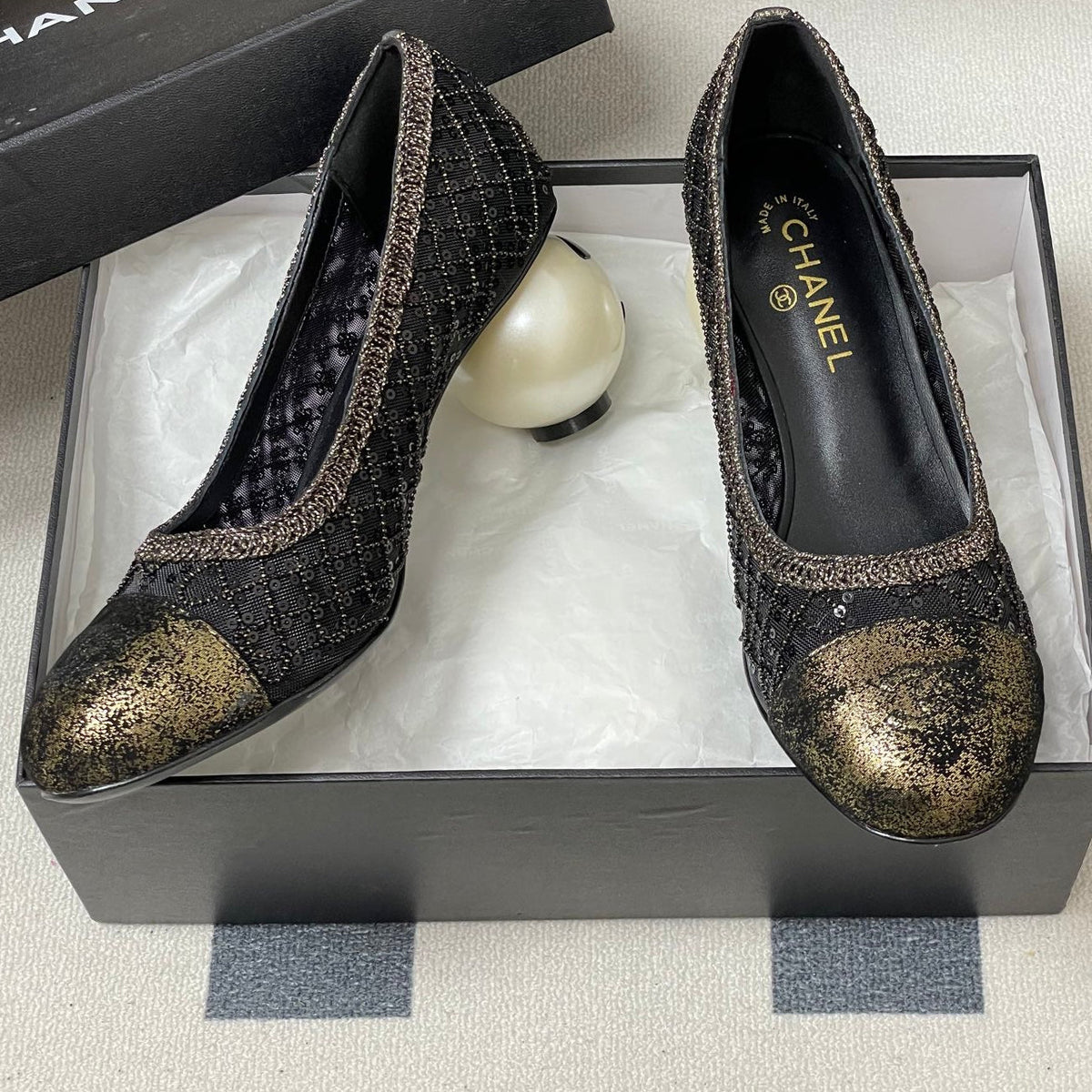 CC 26 Beaded Sequin Pump With Double C Pearl Heel Black Mesh Leather