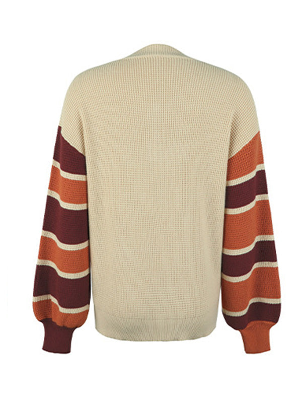 Casual Puff Sleeves Loose Striped V-Neck Sweater Tops