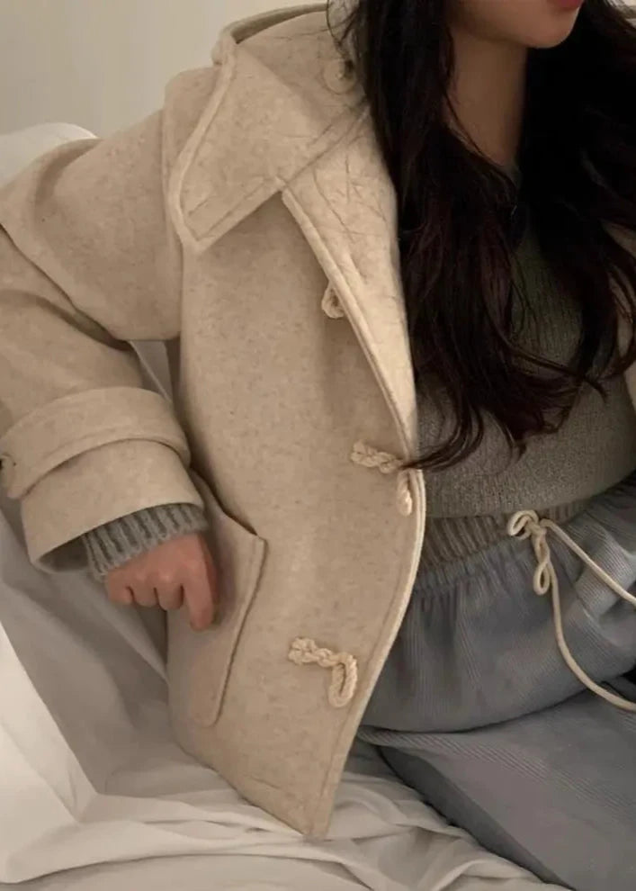 Woolen Hooded Coat with Horn Buttons and Pockets