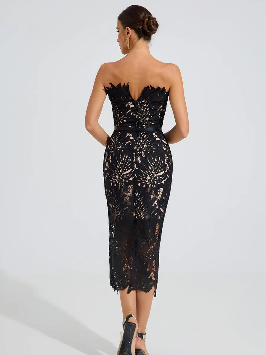 Sofia Floral Lace Midi Dress In Black