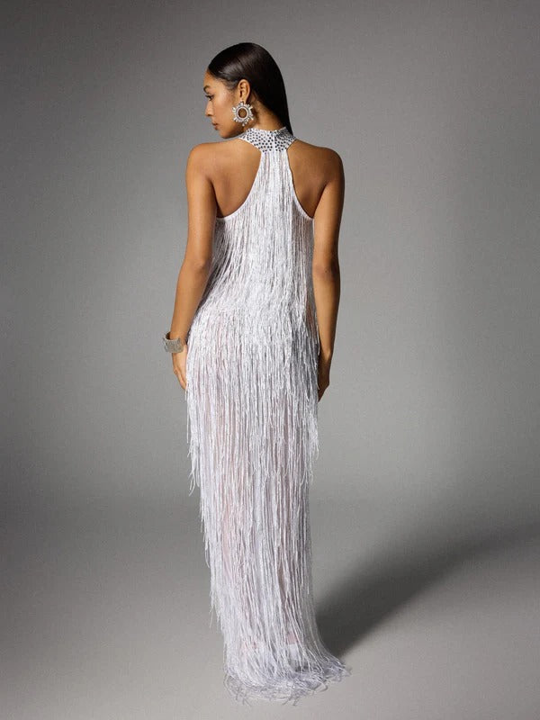 Elvrik Halterneck Fringe Cutout Split Maxi Dress