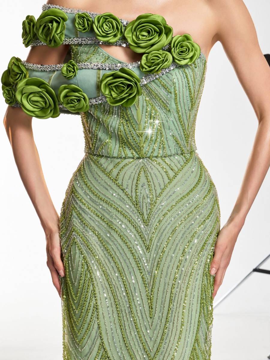 Audrey Flower Sequin Rhinestone Maxi Dress